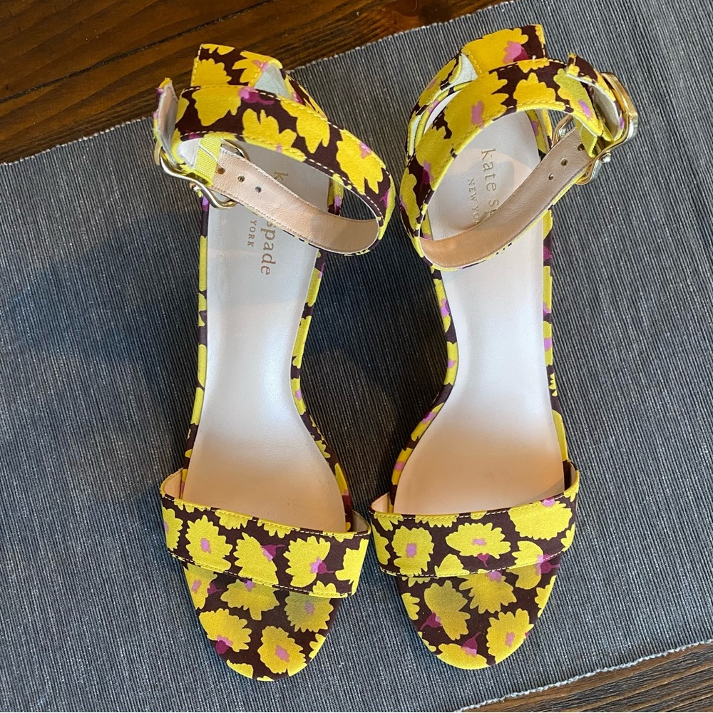 Kate spade floral ankle strap block heel yellow purple maroon burgundy gold